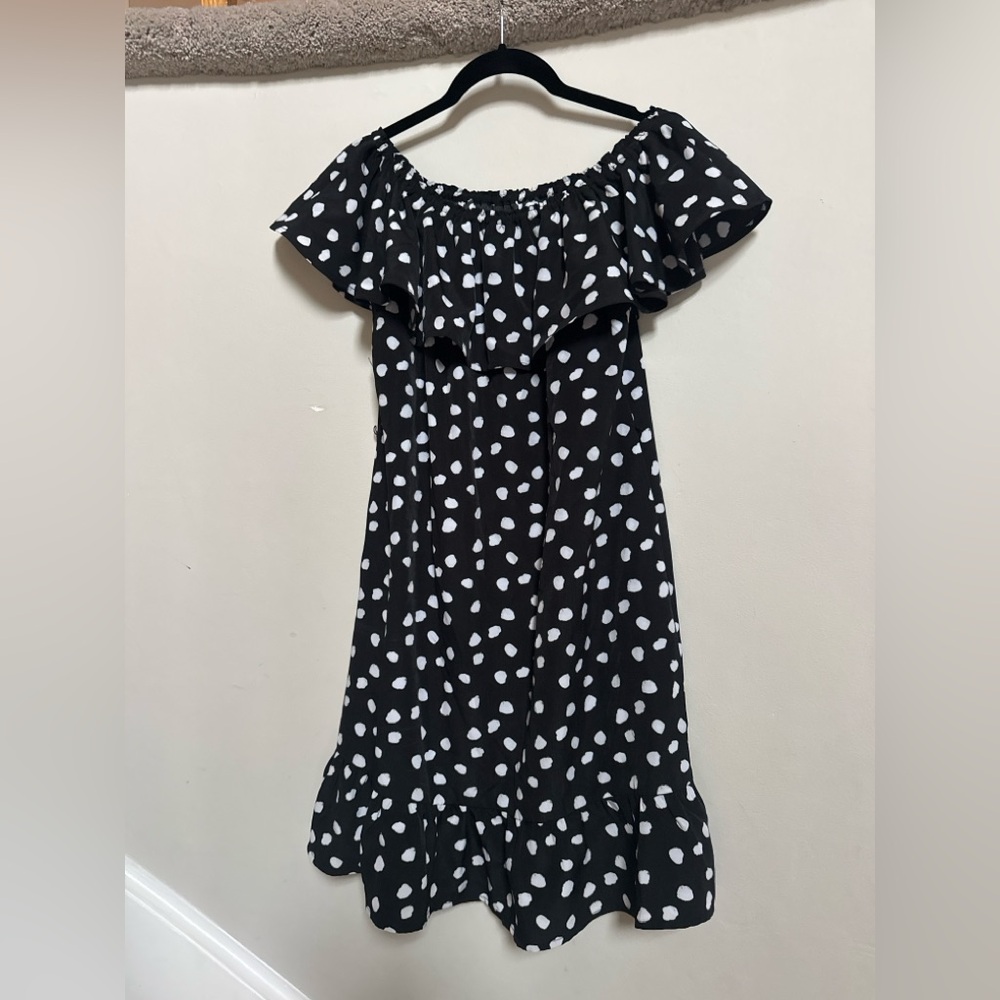 Black & White Polka Dot Off Shoulder Ruffle Dress Size M NWT